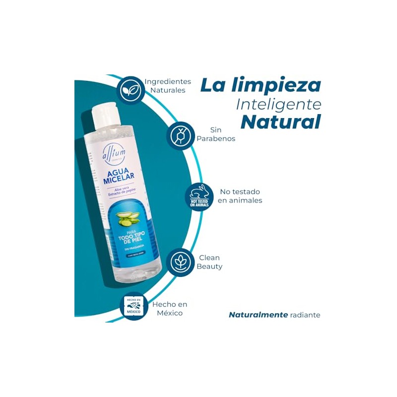 Agua Micelar Desmaquillante con Aloe Vera y Pepino, 250ml, Sin