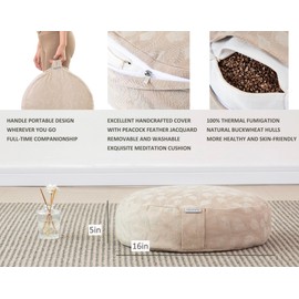 Halotribe Meditation Cushion, Comfortable Meditation Pillow with Peacock Feather Jacquard Cover. Buckwheat Hull Filled Zafu Floor Pillow 16 * 16 * 5 in