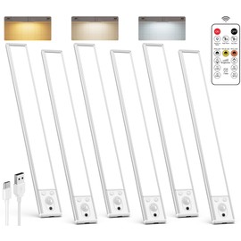 Under Cabinet Lighting Wireless, Rechargeable 62 LED Motion Sensor Light Indoor, 3 Color Temps Closet Lights with Remote Control, Dimmable Magnetic Under Counter Lights for Kitchen, Stairs, 6 Pack