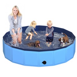 CACSPS 87" x 12" Foldable Dog Pool - Collapsible Hard Plastic Kiddie Pool for Dogs & Kids, Non-Slip Pet Bath Tub for Outdoor Backyard Use, Lightweight & Portable (Blue)