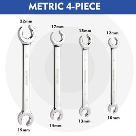 WORKPRO 4-Piece Flare Nut Wrench Set, Metric Brake Line Wrenches 10, 12, 13, 14, 15, 17, 19, 22mm, Cr-V Steel, 15° Offset Head Tubing Wrench, Organizer Pouch Included