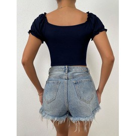 SweatyRocks Women's Ruched Short Puff Sleeve Tops Sweetheart Neck Frill Trim Elegant Shirts Crop Tops Navy Blue X-Large