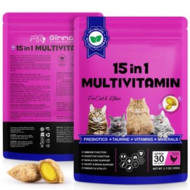 Cat Vitamins Treats, 15 in 1 Cat Multivitamin Chews Vitamins with Taurine, Omega Fatty Acids, Prebiotics for Health, Bones, Joint, Skin & Coat, Digestion, Immune Support(30 Day Supply)-2PCS