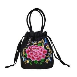 Embroidered Women Floral Handbags Silk Brocade Drawstring Jewelry Pouch Bag Women Purse Wallets Bucket Bag Vintage Hobo Tote Bag, Black