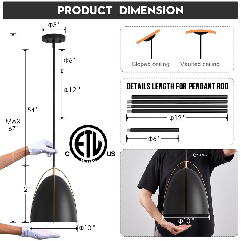 FookChak Black Dome Pendant Light 10in Kitchen Island Pendant Lighting