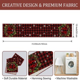 Christmas Linen Table Runner Cardinal Bird Christmas Runner for Table with Holly Leaves Red Berries Checkered Designs Xmas Kitchen Dining Runners Winter Holiday Decoration for Home Party 13x72 Inch