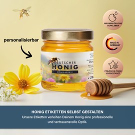 Honig Etiketten 250 g rechteckig selbst gestalten – ab 25 Stück – Honig Aufkleber personalisierbar, selbstklebend, ablösbar – Honigetiketten für Honiggläser – Bauchetiketten – (HONIG - 250 g - RE3)