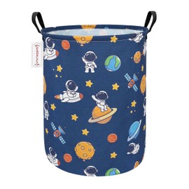 QUEENLALA Large Storage Basket,Laundry Hamper/Bathroom/Home Decor/Collapsible Round Storage Bin,Boys and Girls Hamper/Boxes/Clothing（Round-Yellow Star Astronaut）