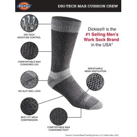 Dickies Men's Dri-tech Moisture Control Max Full Cushion Crew Socks Multipack, Charcoal (6 Pairs), Medium