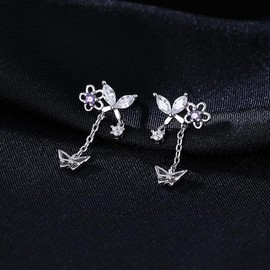925 Sterling Silver Tiny Butterfly Chain Drop Earrings for Women Cute Flower Dangle Earrings (Silver, One size)