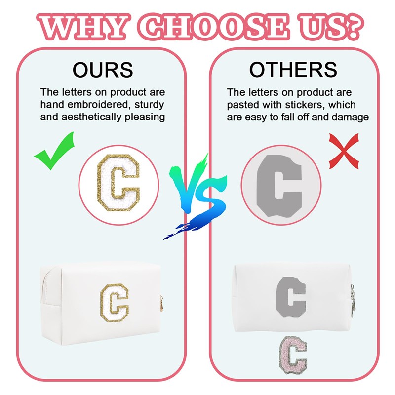 Bolsa de maquillaje con parche inicial personalizada, bolsa de chenilla