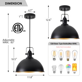 AMRUIPO 12 Inch Farmhouse Pendant Lights Kitchen Island Hanging Light Fixtures Adjustable Height Black Pendant Lighting for Kitchen Island Dining Room 2 Packs