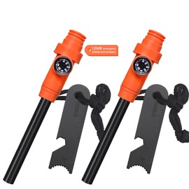 Flint and Steel Fire Starter Kit,2PCS 5-in-1 Multifuctional Fire Steel with Compass Scale Scraper Whistle Magnesium Ferrocium Rod Fire Striker Flint Fire Starter for Travelling Camping Hiking