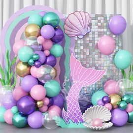 Mermaid Balloons Garland, Pastel Pink Purple Balloons Teal Blue Clear Balloons and Transparent Metallic Purple Green Gold Balloons for Girls Mermaid Birthday Baby Shower Ocean Theme Party Decorations