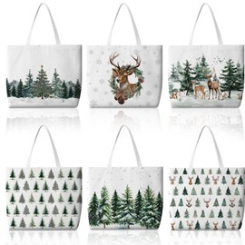 Bencailor 6 Pcs Christmas Canvas Tote Bags Reusable Merry Xmas Gift Bags Aesthetic Xmas Grocery Shopping Bag for Women(Christmas Tree and Deer,Green)