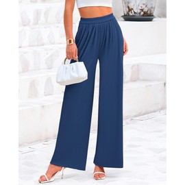 BTFBM Womens Casual Wide Leg Pants Summer Fall Clothes Pleated Elastic Waist Loose Palazzo Knit Trousers with Pockets(Dark Blue, Large)