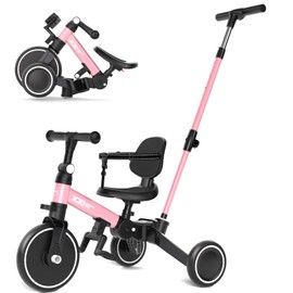 XJD Toddler Bike, 6 in 1 Folding Toddler Tricycle for 1-4 Year Old with Parental Control Handle, Balance Bike with Removable Pedal, Backrest, Adjustable Seat, First Christmas Birthday Gifts (Pink)
