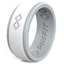 Rinfit Silicone Rings for Men 9mm Wide, 2mm Thick - Mens Rubber Wedding Bands - Infinity Ring with 2 Layers - Light Gray & White, Size 8