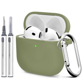 Woyinger for Airpods 4th Case Cover,Come with Cleaner Kit,Soft Skin Silicone Case Cover with Keychain,Full Protective Case for Men and Women,Compatible with AirPods 4th Generation Case,Army Green