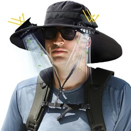 Wide Brim Solar Fan Hat Outdoor Sun Hat, Fishing Hat with 2 Solar Fan, Waterproof Removable & USB Charging Fans, UPF 50+ Bucket Beach Hat for Men Women Black