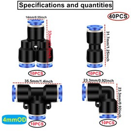 HUAZIZ Pack of 40 Pneumatic Connectors, Air Push Quick Attachments, Pneumatic Fittings Push in Quick Coupling Connector for Air Water Hose Connection, 4 mm: Y + L + T + I Type Combo