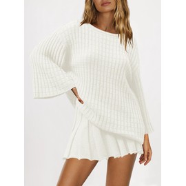 SENSERISE Womens Sweater Skirt Set 2 Piece Outfits Long Sleeve Pullover Top Ribbed Knit Lounge Dresses(Cream White,XS)