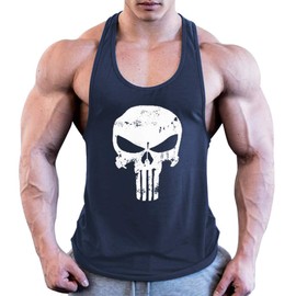 utcoco Men's Skull Print Tank Tops Gym Muscle Workout Combed Cotton Sleeveless Shirts (2X-Large, Navy)