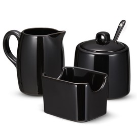 Kook Sugar and Creamer Set, 3 Piece, Pitcher, Sugar Bowl with Lid and Spoon, Sweetener Holder (Black)