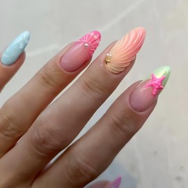 Starfish Press on Nails Short Almond Fake Nails with 3D Stereoscopic Shell Pearl Design Full Cover Acrylic Nails Colorful French Stick on Nails Reusable Glue on Nails for Women Manicure Kit 24Pcs