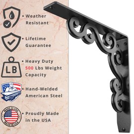 Starby Black Shelf Brackets Heavy Duty ~ Iron Wall Corbel Supports for Countertop, Fireplace Mantel, Shelves ~ Wrought Iron Black ~ Hand Welded Stacked Steel ~ 500# Capacity ~ 2 Pack (12"x12")