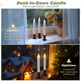 FPOO Window Candles with Dusk to Dawn Light Sensor, Battery Operated Candlesticks Long-Lasting 20+ Days, Flameless Taper Candles Flickering with Black Holders for Christmas Windows (4 Pack, 9 inch)