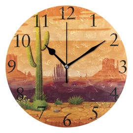 susiyo Desert Cactus at Sunset Wall Clock 9.8 Inch Silent Round Wall Clock Battery Operated Non Ticking Creative Decorative Clock for Kids Living Room Bedroom Office Kitchen Home Decor