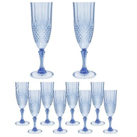 10Pcs Blue Plastic Champagne Flutes 7oz Unbreakable Vintage Embossed Champagne Glasses Disposable Shatterproof Clear Wedding Cocktail Cups for Engagement Birthday Bachelorette Party Thanksgiving