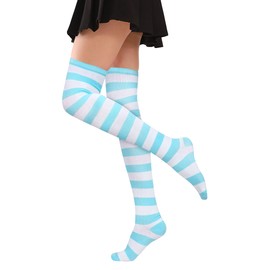 Violet Mist Womens Striped Thigh High Socks Girls Cute Blue Stripes Over The Knee Socks Cotton Long Tube Socks Above Knee Casual Athlete Socks Cosplay Stockings Leg Warmer Gift for Women Lady Teens