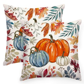 RABUSOFA Fall Pillow Covers 18x18 Set of 2 Decoration Pumpkin Maple Leaves Orange Blue Decor Autumn Thanksgiving Outdoor Farmhouse Cushion Cases for Sofa Bed Couch Indoor Home (Orange, 18"X18")