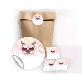 12 Gift Bags / Natural + 12 Cat Stickers for Party Bags Guest Gift for Children's Birthday Girls Boys
