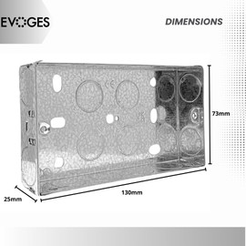 Evoges Double Metal Back Box, 25mm, 2 Gang, 1.0mm Thickness for Electrical Sockets Switches, BS4662 Standard, 20mm Knockouts, Adjustable Lug, Brass Terminal (1)