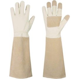 Environet Gardening Pigskin Leather Long Gloves, Thorn & Cut Proof Leather Work Garden Gloves, Garden Gifts & Tools for Gardener, Beige, Large