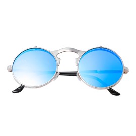 Ultra Silver Frame Ice Blue Lenses Flip Up Round Steampunk Sunglasses Steampunk Goggles Retro Mens Womens UV400 Cyber Gothic Circle Glasses Aesthetic Circle Sunglasses Steampunk Accessories