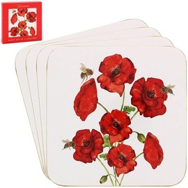 LESSER & PAVEY 4pcs Red Poppies Cork Coasters Bee-tanical Floral Series Flower Heat Resist