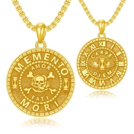 PELOVNY Gold Memento Mori Necklace 925 Sterling Silver Amor Fati Coin Necklace Carpe Diem Skull Jewelry Christmas Birthday Stoicism Gifts for Men Women Unisex