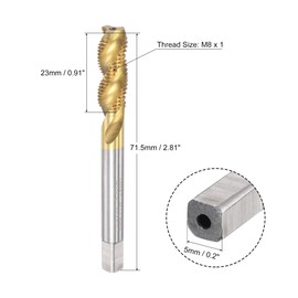 sourcing map Spiral Flute Threading Tap M8 x 1, Metric HSS (High Speed Steel) Titanium Plated Machine Thread Screw Tap 3 Flutes Tapping Tool H2 Tolerance