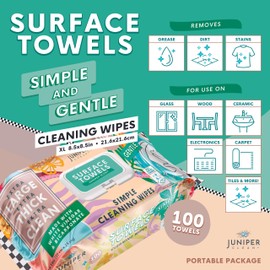 Juniper CLEAN 1 Pack Surface Cleaning Wipes Bleach Free, Thick & Large Dispose, All-Purpose Cleaner for Bathroom, Kitchen, Office, 100 Count Soft Flow, Biodegradable, Juniper Scent