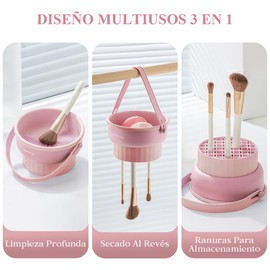 Limpiador de Brochas de Maquillaje 3 en 1, Limpia, Seca y Almacenamiento Brochas, para Eliminar la Suciedad y los Residuos de, para Brochas Cosméticas, Esponjas y Puffs (Rosado)