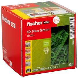 fischer Expansion dowels SX Plus Green 8 x 65, box of 45 sustainable dowels, all-purpose dowels made from renewable raw materials, optimal hold in concrete, solid brick, aerated concrete, perforated