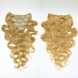 Unipearl Wavy Clip-In Real Hair Extensions, 60 cm / 24 Inches, 8 Pieces, 120 g, #27 Honey Blonde Hair Extensions for Women, Body Wave, Remy Hair Extensions, Clip-In