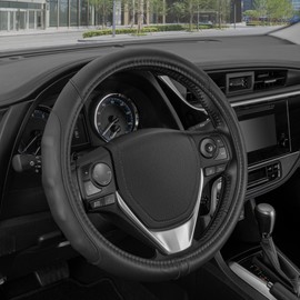 Motor Trend GripDrive Faux Black Leather Steering Wheel Cover for Car Truck Van SUV, Standard 15 inch Size, Solid Black Stitched Car Steering Wheel Cover Vehicle & Auto Accessories