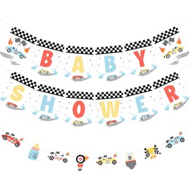 Balterever Race Car Baby Shower Decorations Pre-Strung Vintage Race Car Baby Shower Banner and Garland Vintage Race Car Baby Shower Party Supplies Favors for Let’s Go Racing Party Supplies