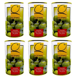 Bernal 6 x350g tins (6 x 150 grams drained ) Spanish Green Pitted Gordal Olives Picante Spicy