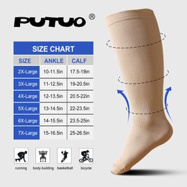 PUTUO Plus Size Compression Sock For Women: Men Graduated Compression Stockings for Support Flight Travel Running Pregnancy Sports Edema Nurses Seniors Athletic Socks 20-30 mmHg Beige S/M 1Pairs